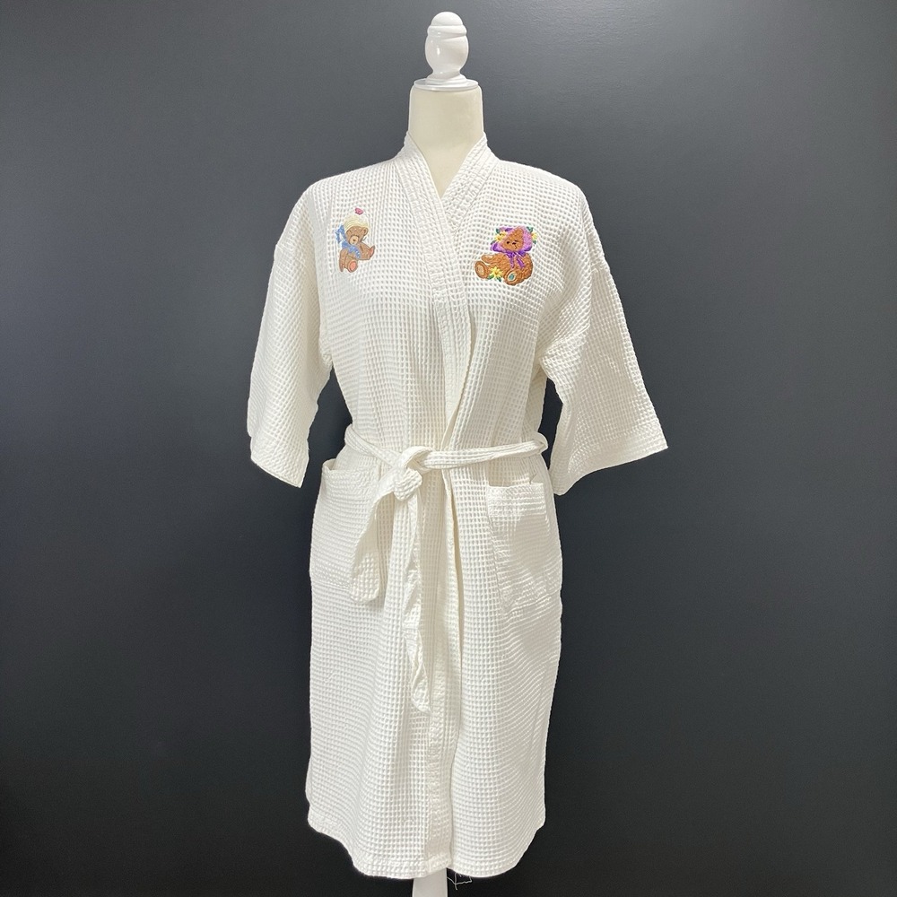 Espalma de Luxe Womens White Waffle Robe Embroidered Teddy Bears Cotton One Size